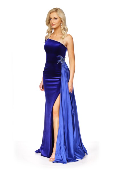 Royal Blue Long Velvet Gown with Open Back Beadings - $157.992