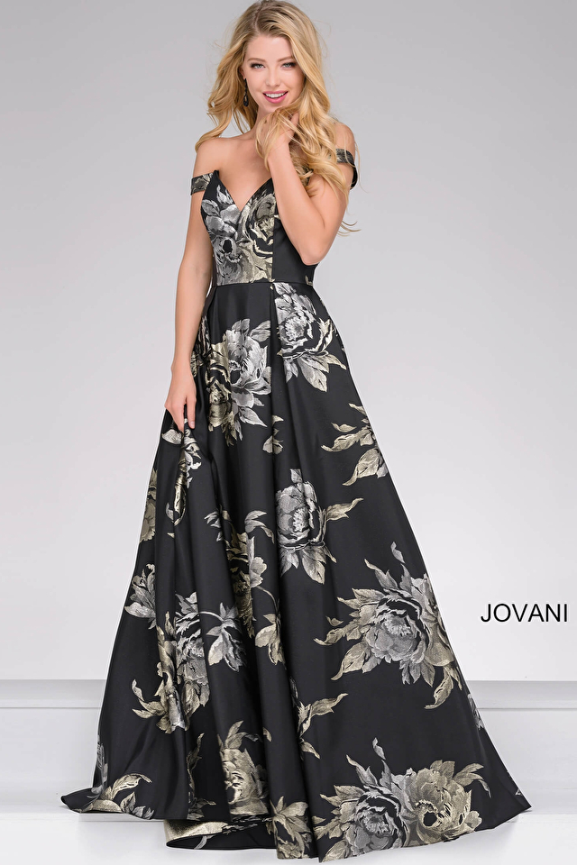 Jovani 48361 | Black Silver Floral Print Ballgown
