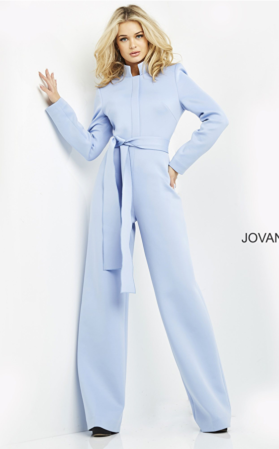 Jovani 06205  Light Blue Scuba Belted Contemporary Jumpsuit
