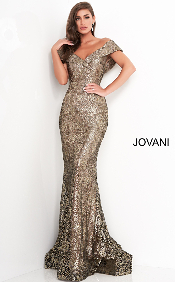 Jovani 02920 | Black Gold Lace V Neck Evening Gown