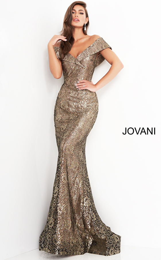 Jovani 02920  Black Gold Lace V Neck Evening Gown