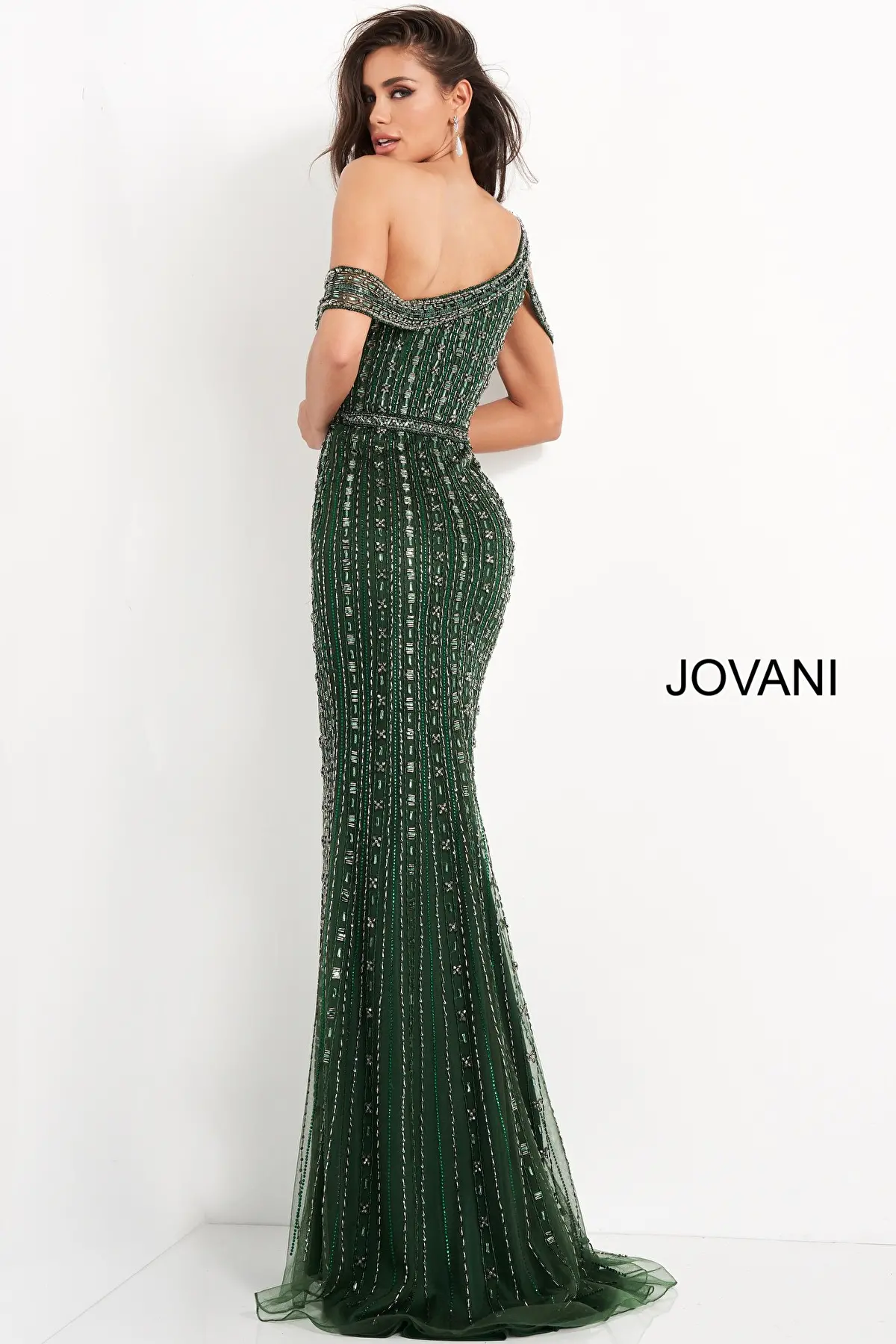 Jovani 03124 | Emerald Off the Shoulder Embellished Gown