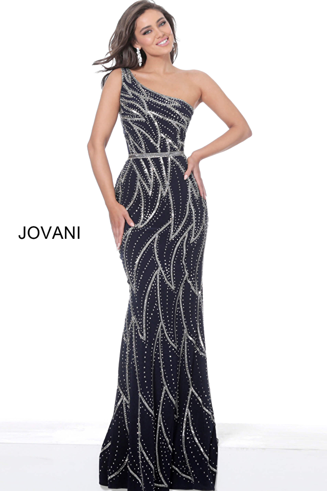 Jovani Dress 04720 | Navy One-Shoulder Beaded Evening Gown