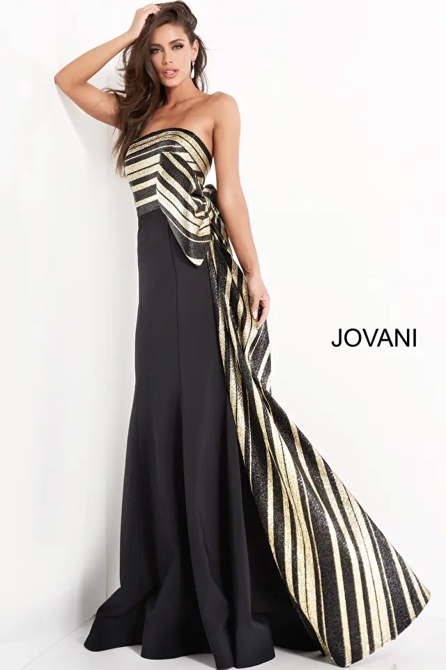 Jovani 05084 | Black Gold Large Side Bow Evening Dress