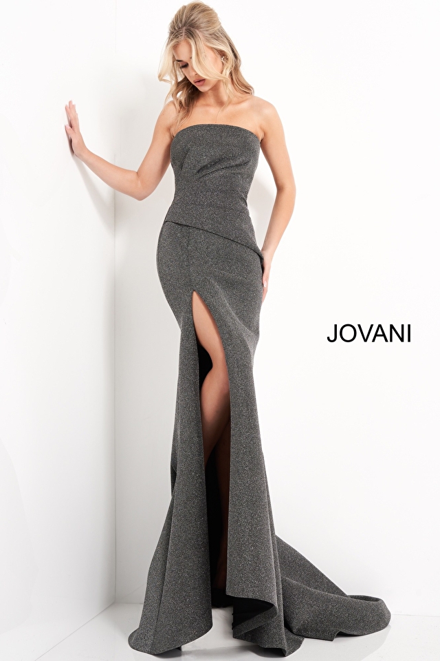 Jovani 05490 | Black Silver Strapless High Slit Evening Dress