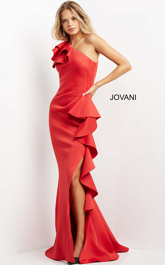 Jovani 06603 | Red One Shoulder Ruffled Evening Dress