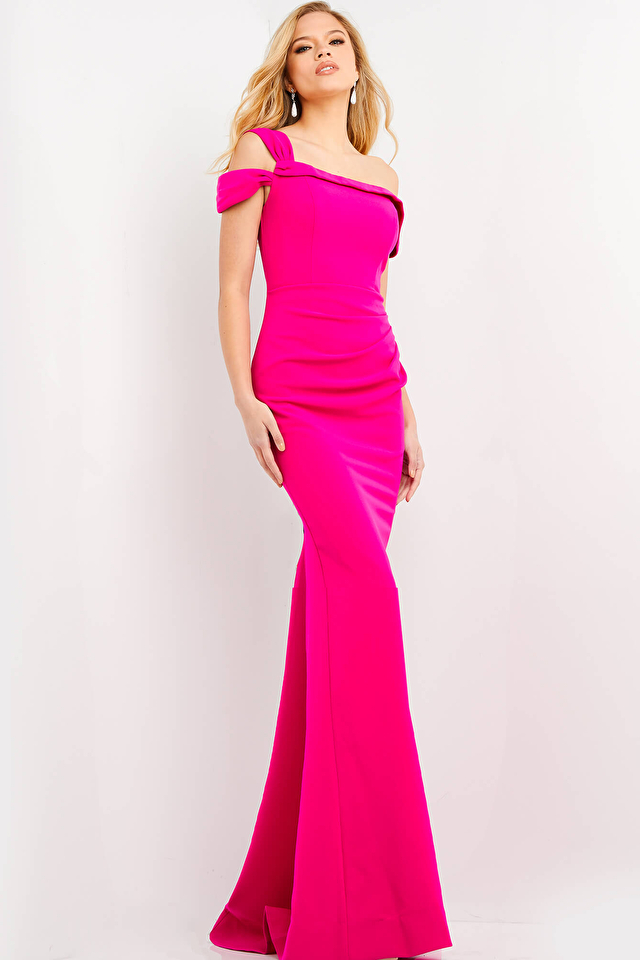 Jovani 06723 | Fuchsia Crepe Long Fitted Evening Dress
