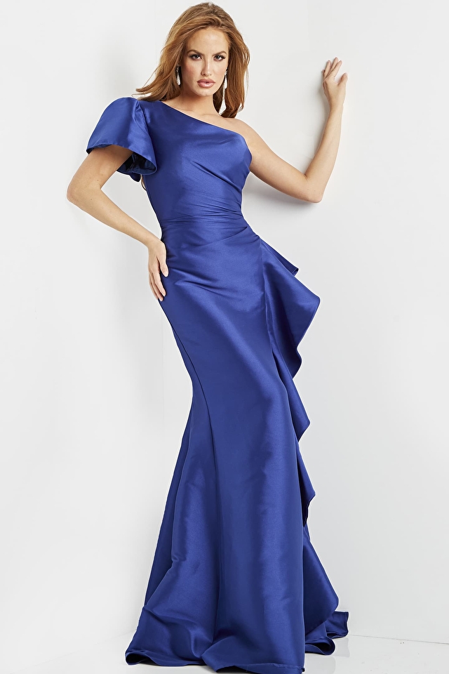 Jovani 09201  Blue Fitted Side Ruffle Evening Gown