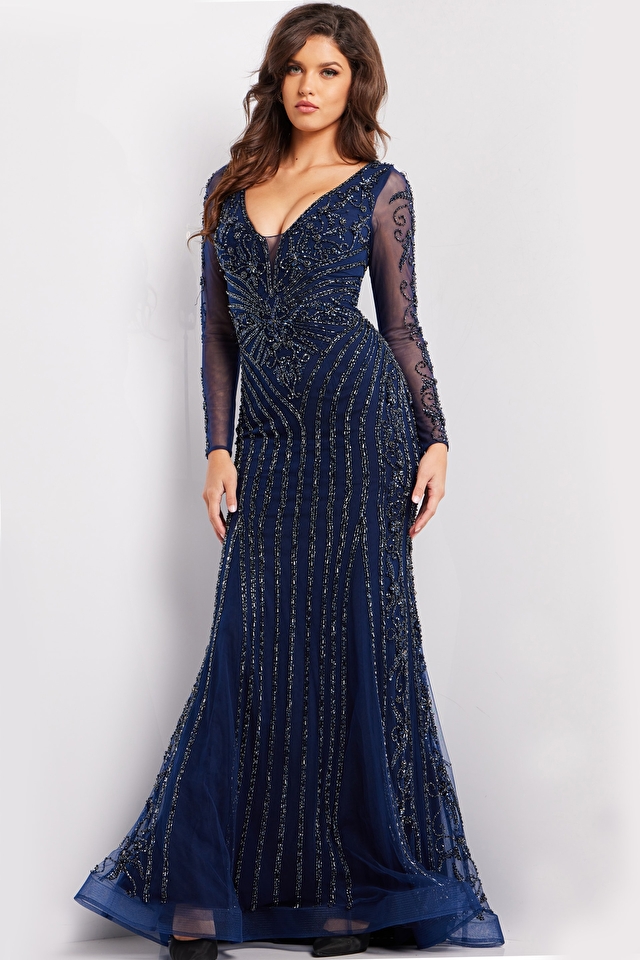 Jovani 03158  Navy Floral Embroidery Sheath Evening Dress