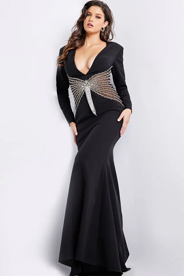 Jovani Dress 26317 | Jersey Black Long Sleeve Beaded Formal Dress