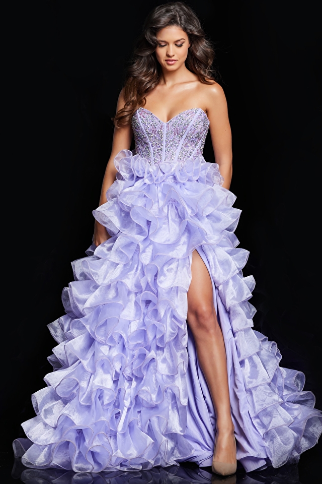 Jovani 23322 Chiffon Prom Dress Criss-Cross Ruching At The Waist Ruffl –  Glass Slipper Formals