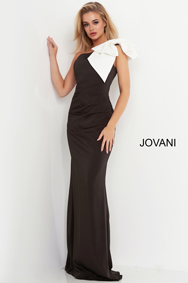 Jovani 4353 Black White Pleated Bodice Sheath Evening Dress