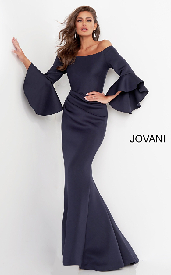 Jovani 59993  Blush Scuba Ruched Bell Sleeve Evening Dress