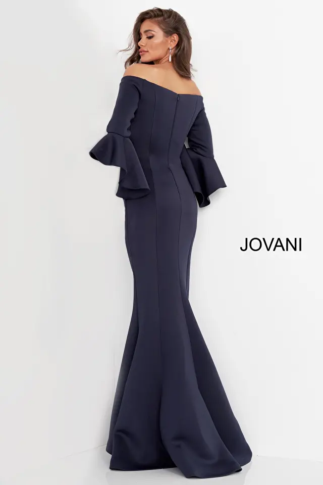 Jovani 07065  Cream off the shoulder Bell Sleeve Dress