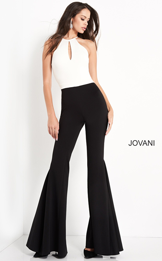 Jovani M02807 | Off White Black Fit and Flare Pants Jumpsuit