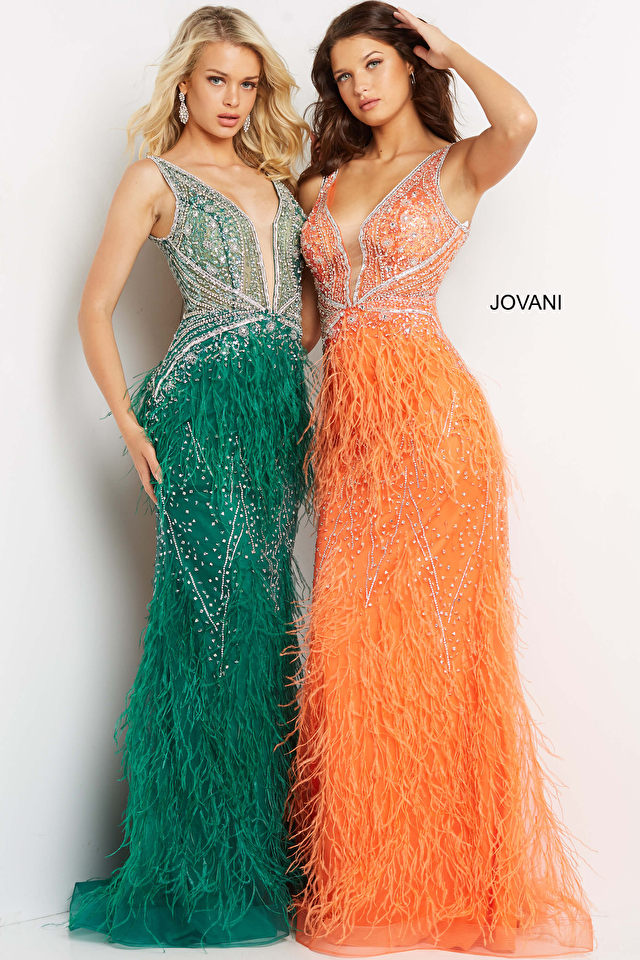Jovani 64266 Plunging Neck Feather Skirt Spaghetti Strap Cocktail Home –  Glass Slipper Formals