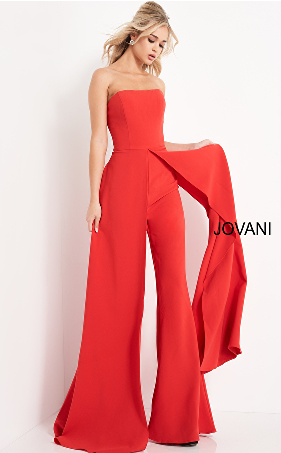 Jovani 03529 | Red Pant Overlay Strapless Jumpsuit