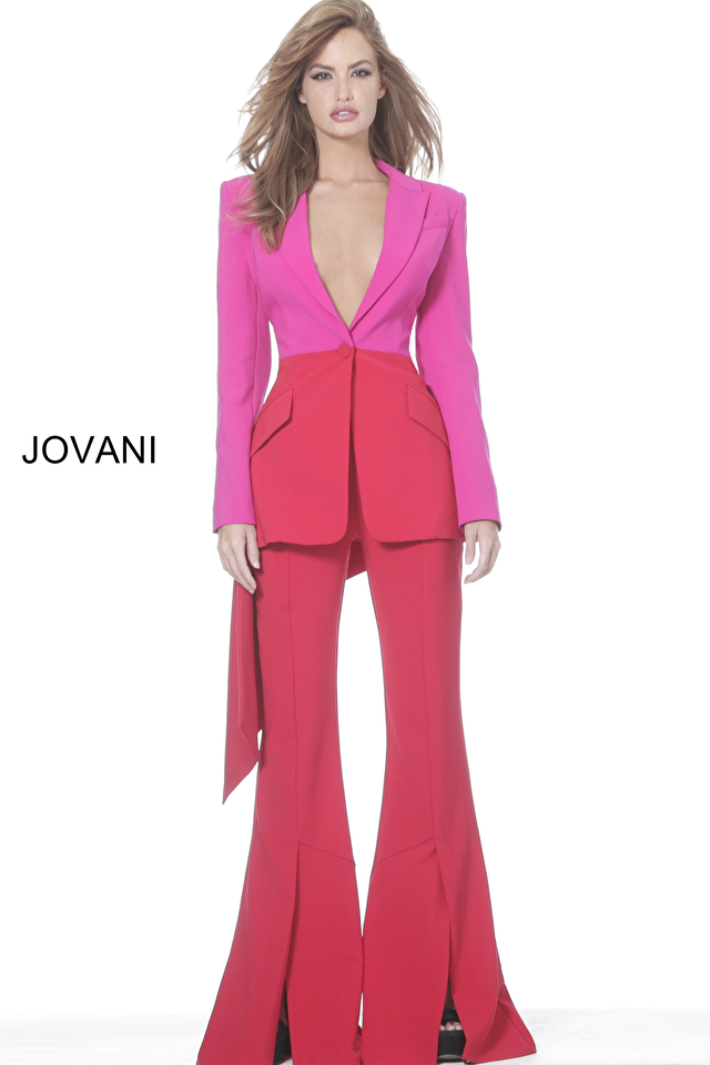 Jovani Dress 04184  Red and Fuchsia V Neckline Pant Suit