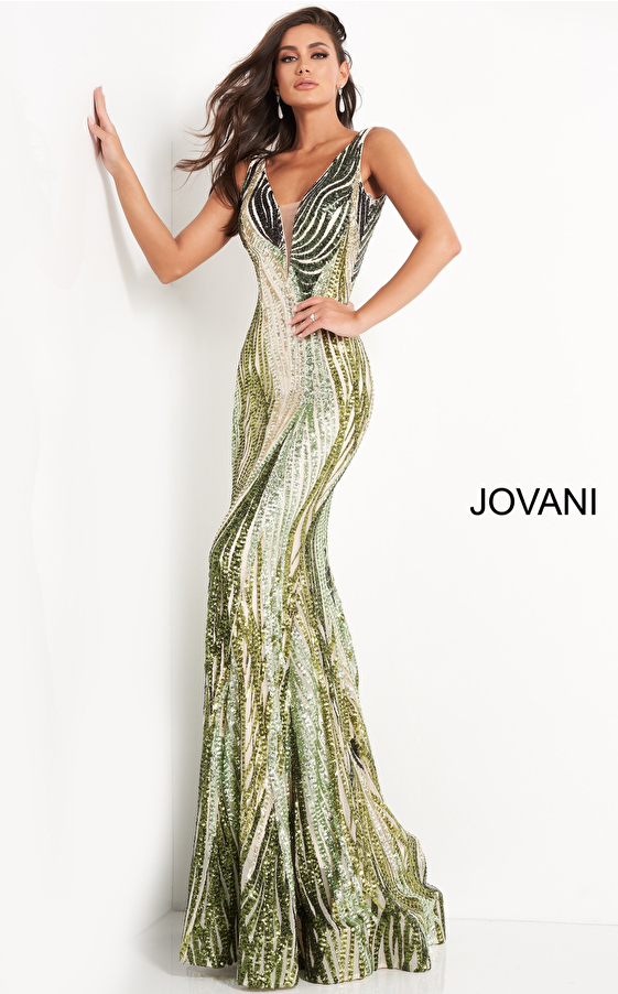 Jovani 05103 | Green Sequin Low V Neck Party Dress