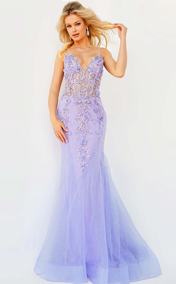 Jovani 05839 | Blush Floral Applique Spaghetti Strap Prom Dress