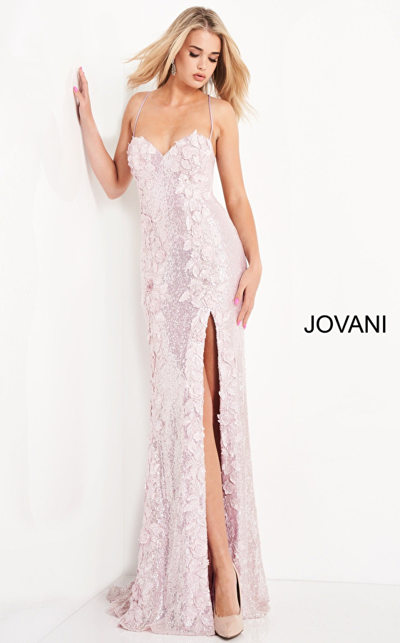 Jovani 06109 | Pink Sequin Floral Applique Prom Dress