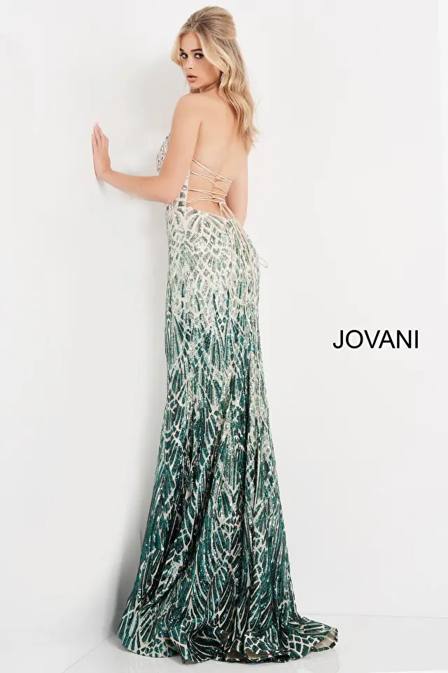 Jovani 06459 | Silver Green Sequin Tie Back Dress