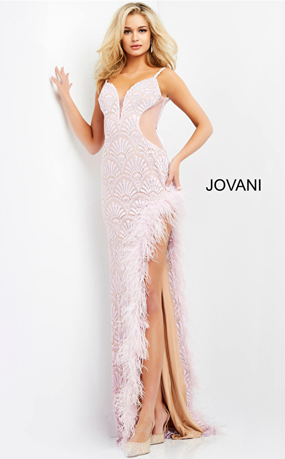 Jovani 06558 Pink Feather Trim High Slit Prom Dress