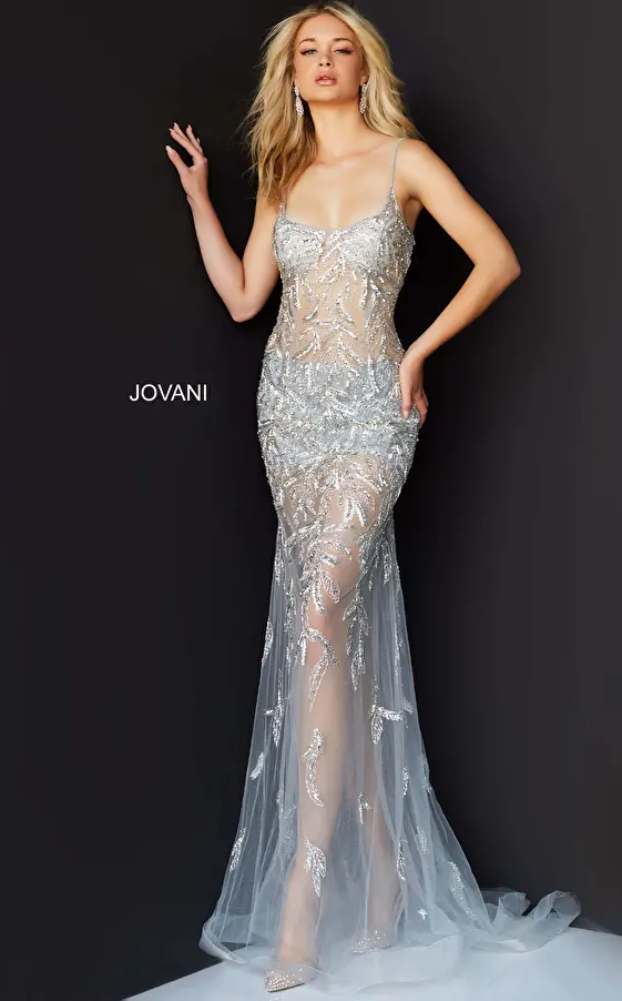 Jovani 06665 | Silver Embellished Illusion Prom Dress