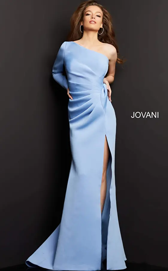 Jovani Dress 06998 | Light Blue Scuba Pleated Waist Evening Dress