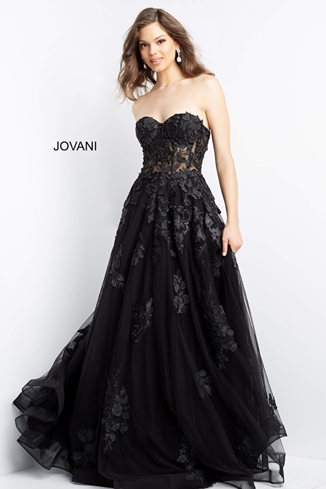 Jovani Black Strapless Corset Bodice Prom Gown 07304