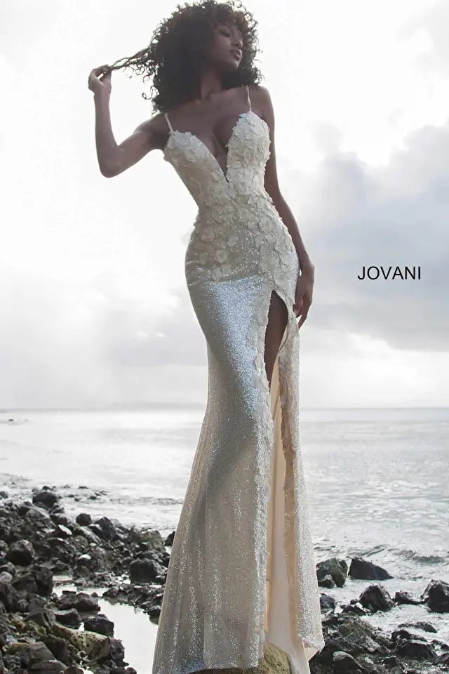 Jovani Dress 1012  Cream Floral Plunging Prom Dress