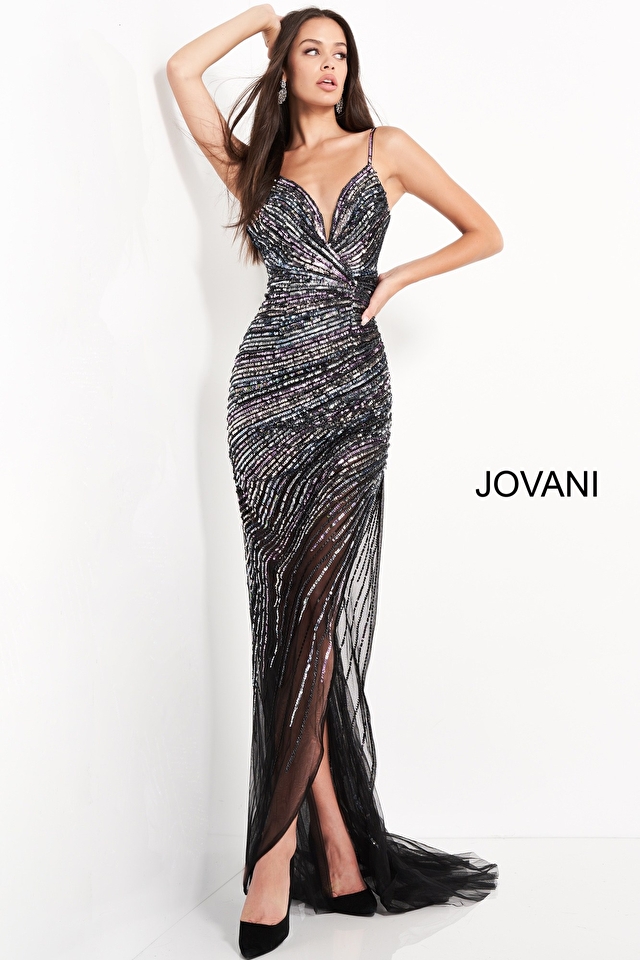 Jovani 06450 | Silver Green Sequin Prom Dress