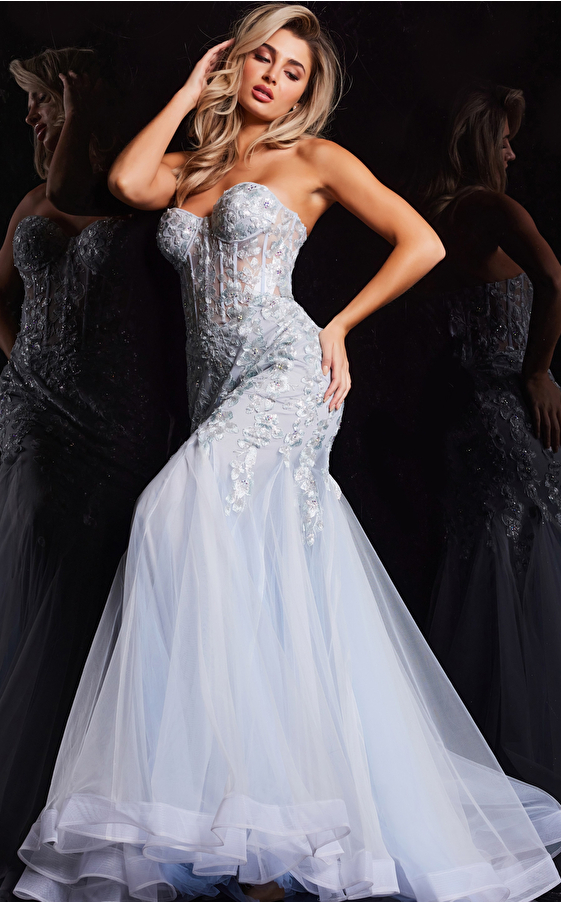 Jewel Beading Bodice Sparkle Light Blue Tulle Prom Dress with Short Sleeves  PD1754