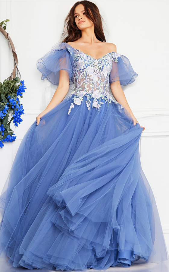Jovani Dress 24575 | Blue Short Sleeves Long Dress