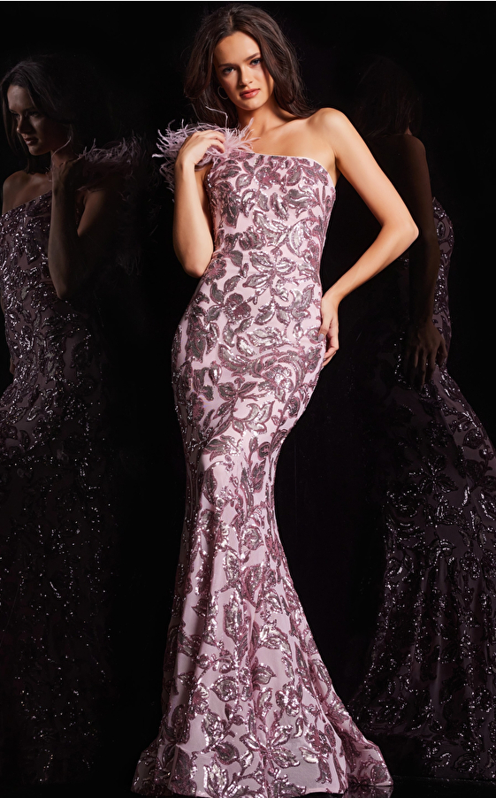 Jovani Dress 25901 | Pink Embellished Mermaid Dress with Feather Details