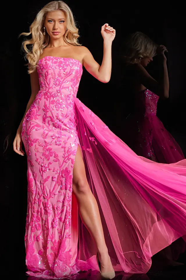 Jovani Dress 26134  Neon pink sheath dress with chiffon tail 26134