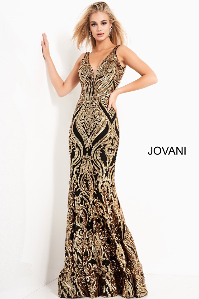 Jovani Dress 2669|Black and Red V neck Embellished Dress