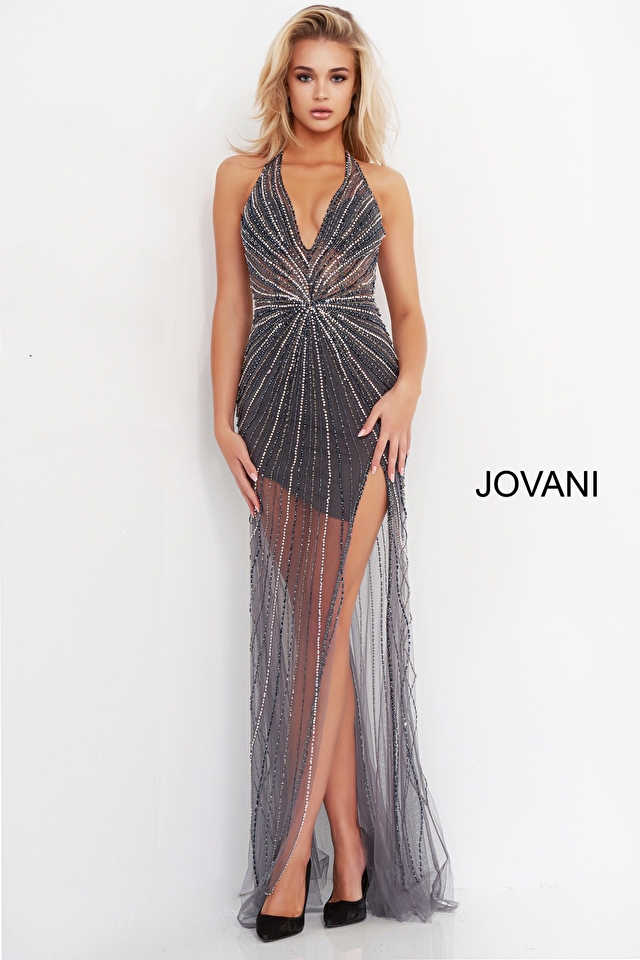 Jovani 3208 | Gunmetal Illusion Beaded Sheath Prom Dress