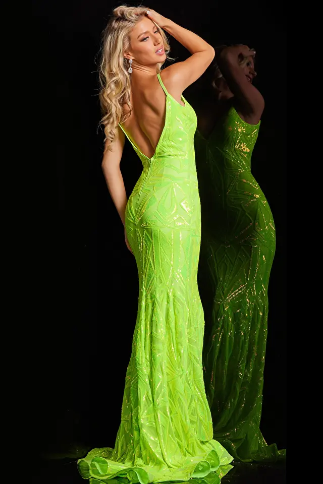 Jovani Dress 36656 | Neon Green V Neckline Embellished Mermaid Gown