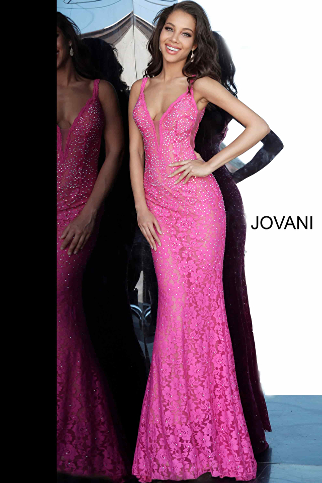 Jovani 48994 | Red Fitted Embellished Lace Long Gown