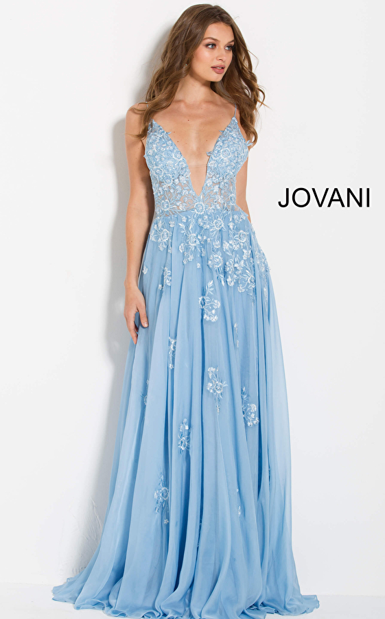 Jovani 58632 | Light Blue Floral Embroidered Prom Dress