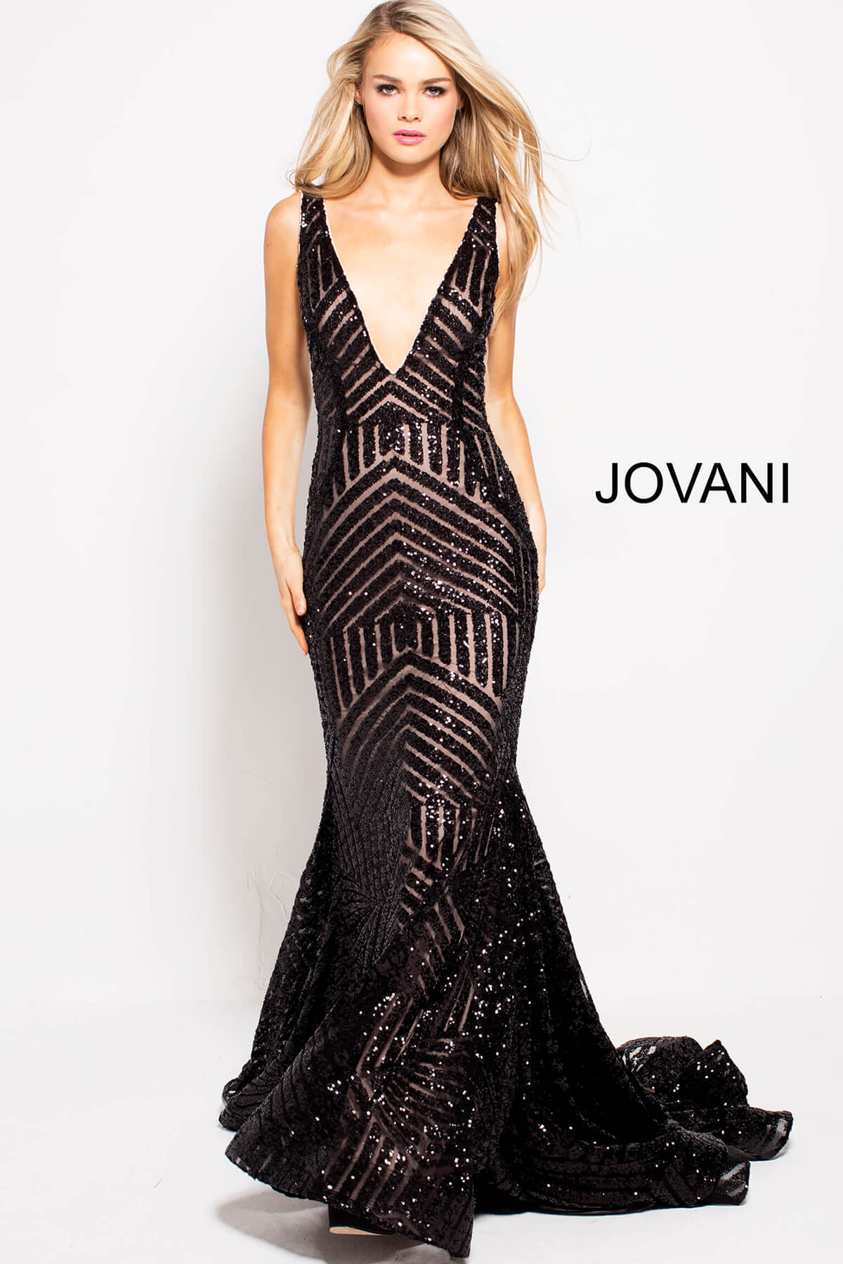 Jovani 59762 Sequin Yellow Plunging Neck Dress 3351