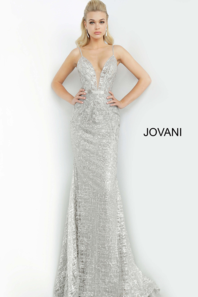 Jovani 62517 | Silver Glitter Spaghetti Strap Prom Dress