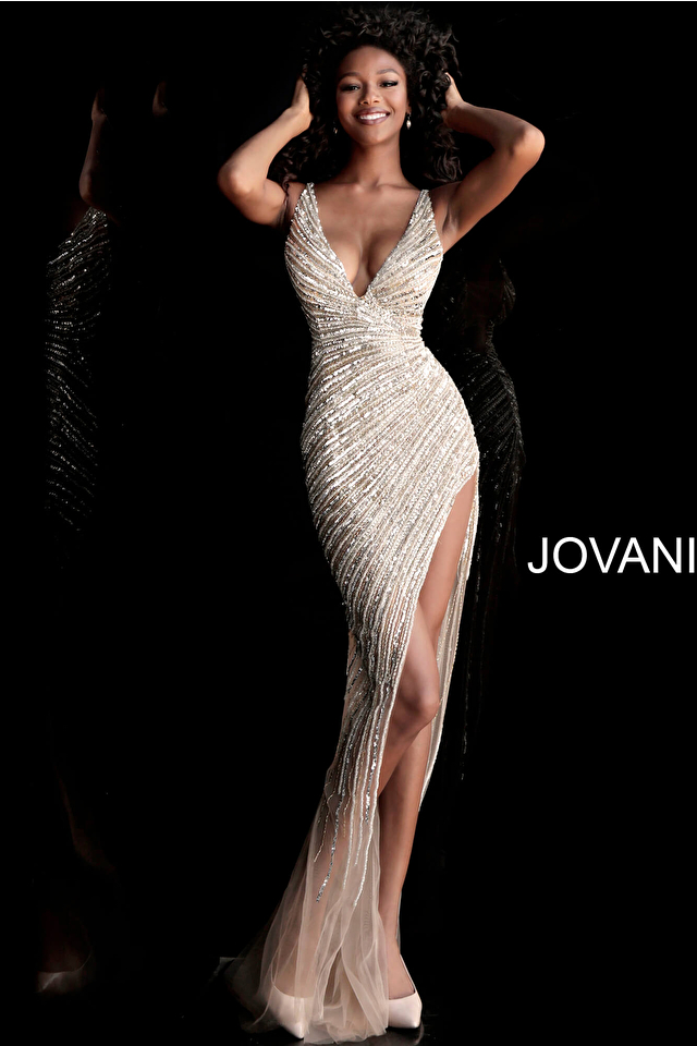 Model wearing Jovani style 63405 prom dress