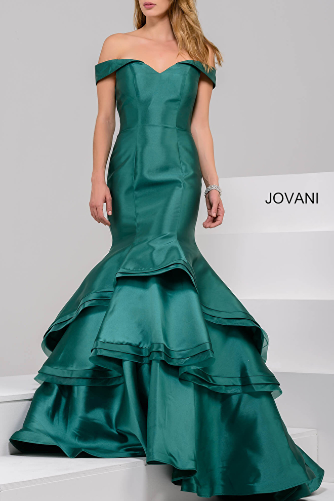 Jovani 31100 Sexy Off The Shoulder Fitted Mermaid Prom Dress With Tiered Skirt