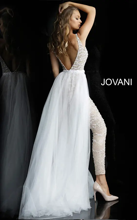 Jovani 60010 | Nude white beaded V neck wedding jumpsuit.
