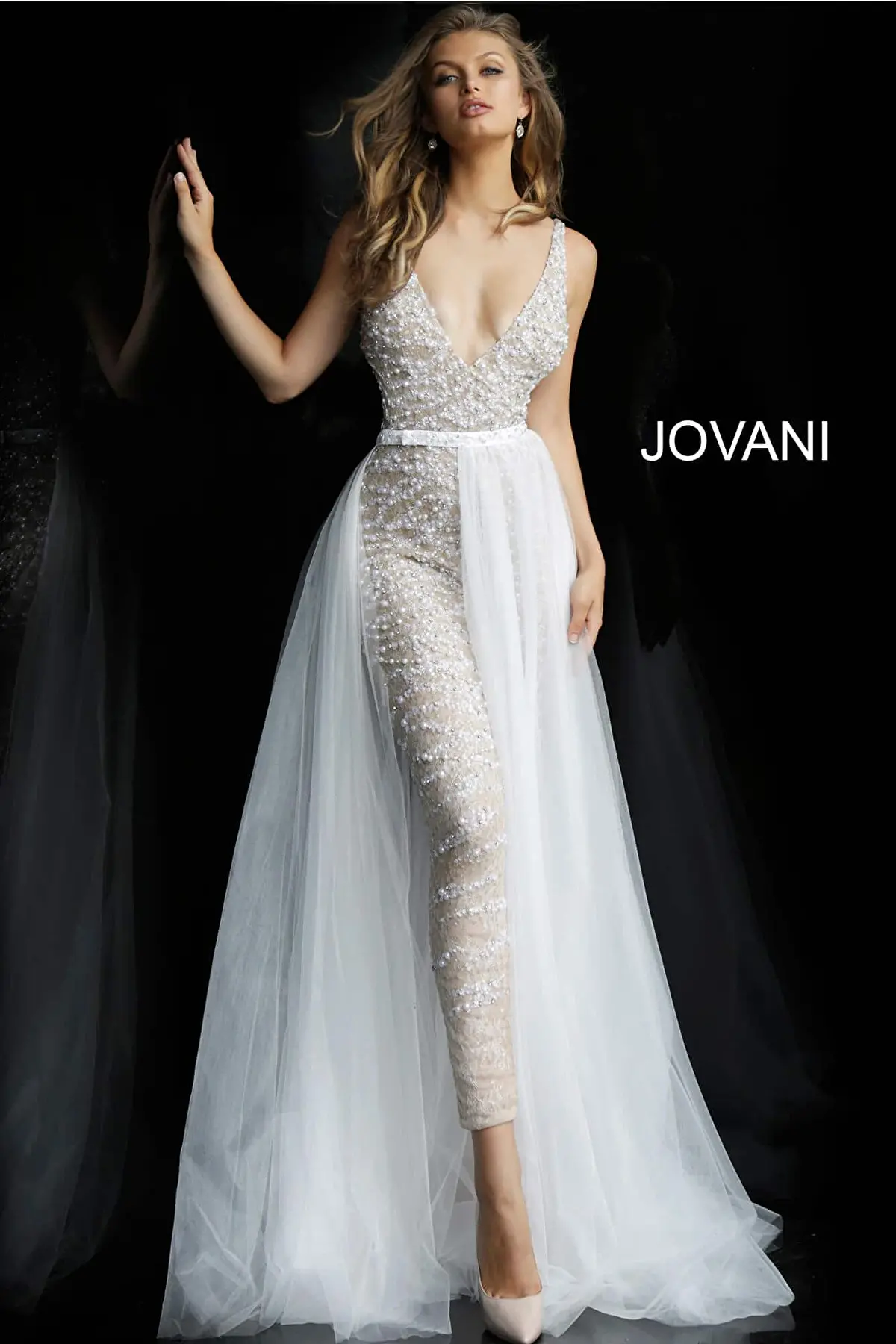 Jovani 60010 | Nude White Plunging Neck Beaded Prom Jumpsuit