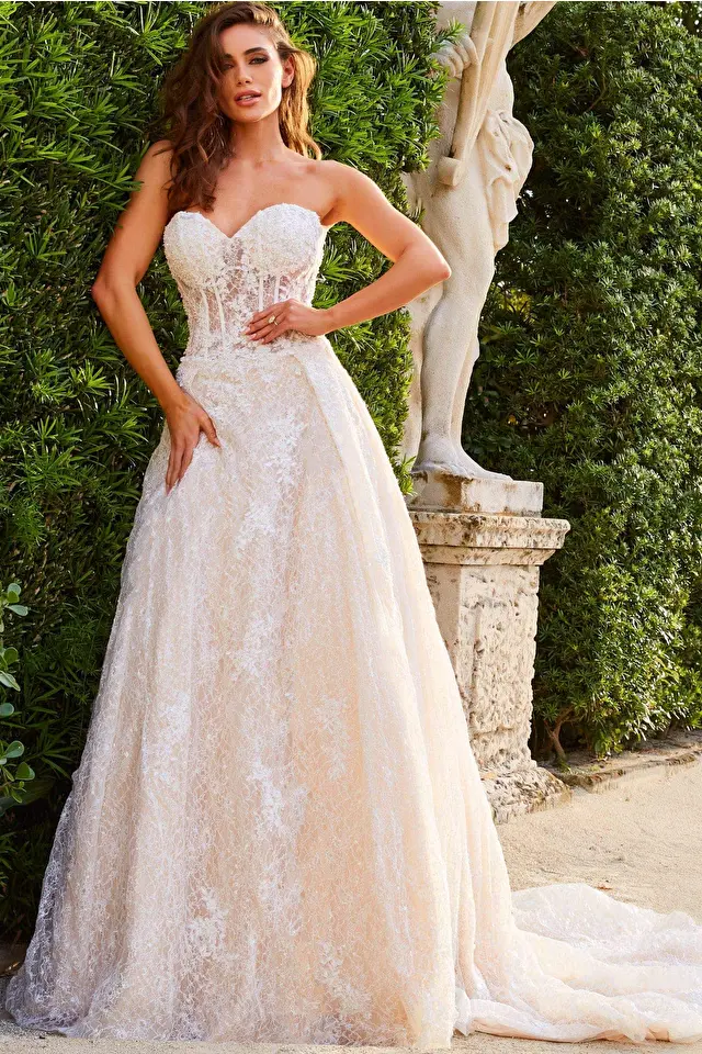 Jovani Bridal JB63673 White Sheer Corset Bodice Wedding Dress – Spybaby