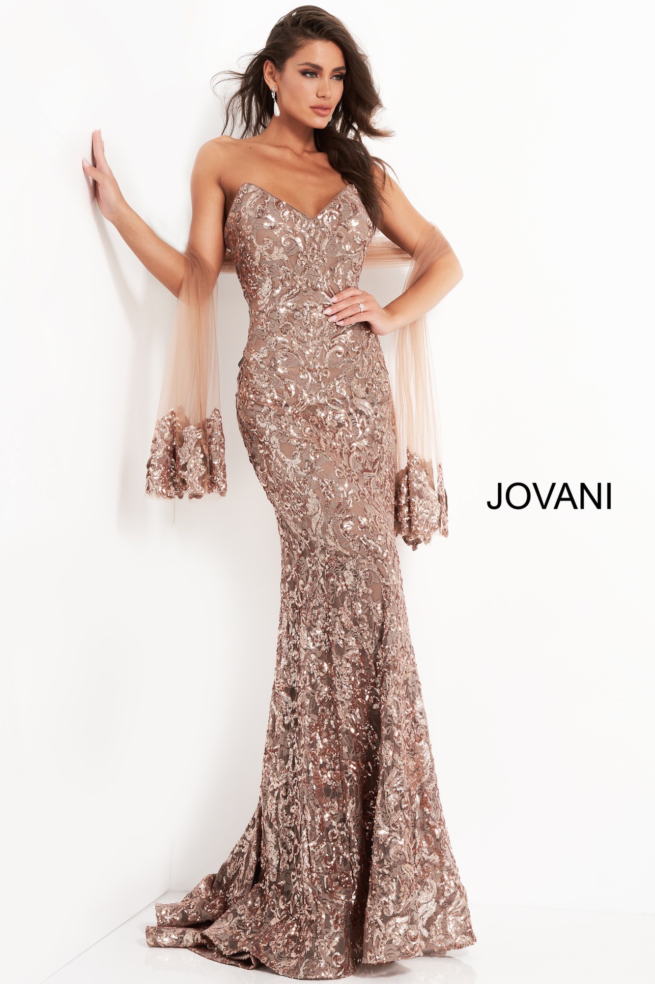 Jovani 05054 Copper Sequin Sheath Strapless Evening Dress 0905