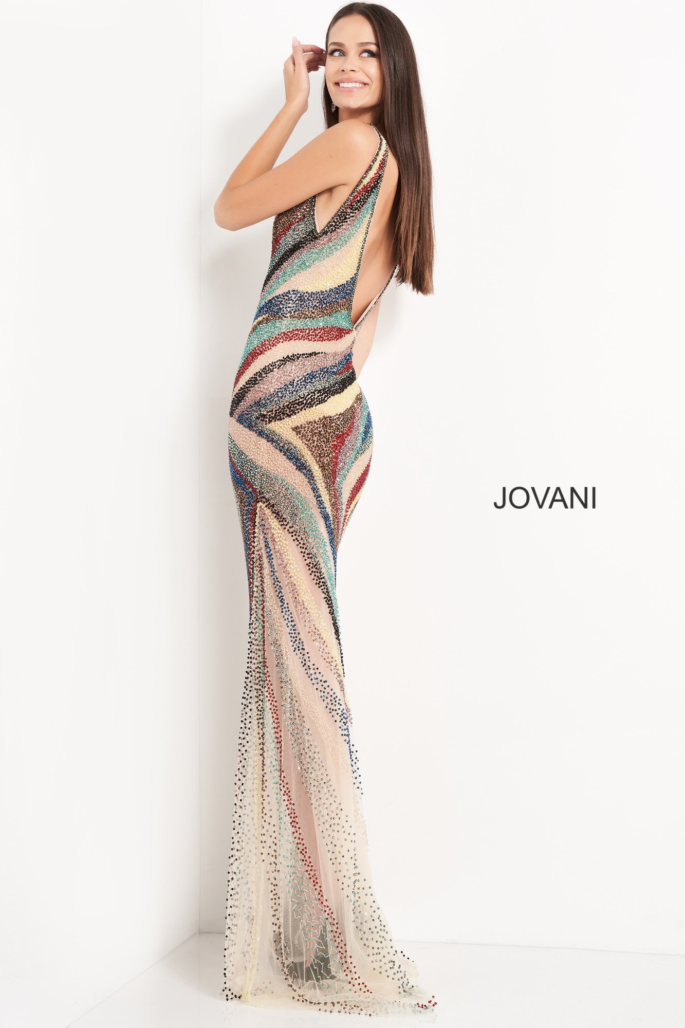 Jovani 05560 | Nude Multi Embellished Sheer Bottom Evening Dress